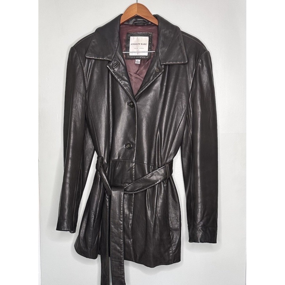 Andrew Marc New York Leather Jacket Womens L Brown Belted Trench Coat Y2K Vtg